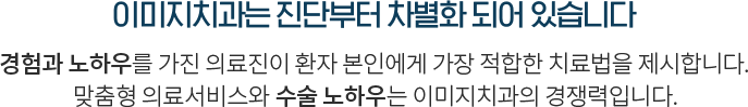 이미지치과는 진단부터 차별화 되어 있습니다 풍부한 경험과 노하우를 가진 의료진이 환자 본인에게 가장 적합한 치료법을 제시합니다 맞춤형 의료서비스와 인증된 수술 노하우는 이미지치과의 경쟁력입니다